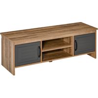 Meuble TV moderne 2 compartiments portes métalliques 2 prises audio bois naturel gris 109 x 35 x 38 cm