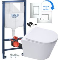Rimless ECO Wall Hung Toilet Pan, Seat & GROHE 38772001 Rapid 1.13m SL 3-in-1 WC Cistern Frame inc. Plate