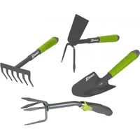 Lot 4 outils de jardinage, Griffe 4 dents, serfouette, rateau, transplantoir pour fleurs