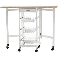 Carrellino da cucina pieghevole 6 ruote con 3 cestini, cassetto e 2 ribalte, in MDF e metallo, 37x37x77.5 cm, bianco e legno