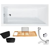 Badewanne Rechteck 130x70 + Kopfstütze + Bambus Ablage, Ablauf & Füße GRATIS - Komplettset 5in1 Original Acryl Wanne - BADLAND MODERN
