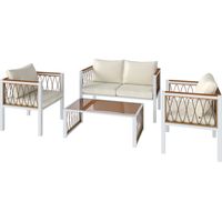 Salon de jardin polyrotin 4 pièces canapé 2 places 2 fauteuils table basse verre coussins tapis antidérapant