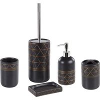 5 Accessoires de Salle de Bain Porte-brosse à Dents Distributeur Savon Porte-savon Gobelet et Brosse Toilettes en Céramique Noire et Dorée Beliani
