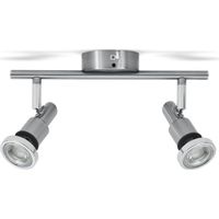 Plafonnier LED 2 spots orientables IP44, métal nickel mat chromé, GU10 5W incluses, 400lm 3000K blanc chaud, pour salle de bain et pièces à vivre