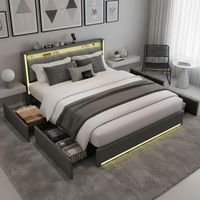 Bett 160x200 cm mit Stauraum und LED - Leinenstoff-Bezug - 4 seitliche Schubladen - Integrierte USB- & Typ-C-Anschlüsse - Robustes und elegantes Doppelbett - Grau