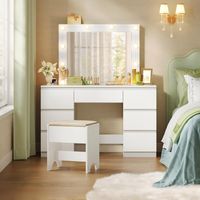 WOLTU Dressing Table with Mirror, 7 Drawers Vanity Table with 3 colors LED Light, Vanity Desk for Girls