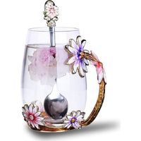 1 Tasse Verre Émaillé Fleurs, 350ml, Avec Cuillère Acier, Pour Thé Café, Cadeau Femme