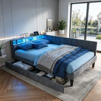 JOOKGBD–Divano Letto 140x200 cm,Letto Matrimoniale,2 Cassetti,Letto Imbottito con LED e USB,Testiera con Ripiani Portaoggetti,Rete a Doghe,Velluto,Grigio