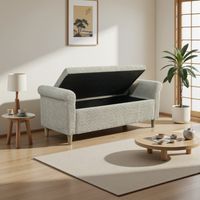 Poggiapiedi con contenitore 127x51x52 cm, imbottito in tessuto, sgabello compatto, con coperchio sollevabile, per soggiorno o camera da letto - Cammello