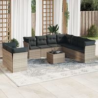 Canapé d'extérieur en résine tressée gris clair avec 14 coussins Ensemble salon modulaire 9 places avec table en verre, rangement intégré Facile à nettoyer