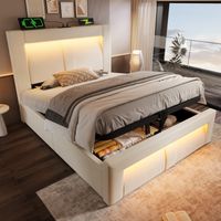 Cama con espacio de almacenamiento tapizada en terciopelo beige 90x200 cm con colchón, LED, USB y Type-C