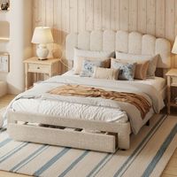 Cama 140 x 200 cm - Estructura de cama doble 140 - con cajón y puertos USB/Tipo C - Cabecero ajustable - Tejido de felpa Teddy Beige