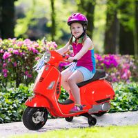 Scooter elettrico Vespa per bambini, 6V, dimensioni 102L x 51W x 76H cm, musica MP3, porta USB, clacson, faro anteriore, luce posteriore, rosso