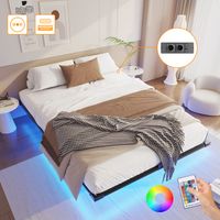 Lit 140x190 cm avec sommier en métal - Lit double avec led et multiprise (2 Prises + USB & Type C) - Lit 2 personnes Noir