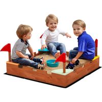 Sabbiera per Bambini 3-7 Anni a Forma di Castello con 4 Sedute in Legno di Abete, 90x90x17 cm, Multicolore