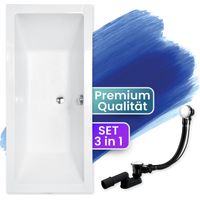 Badewanne Rechteck 170x75, Ablaufgarnitur & Füßen GRATIS - Komplettset 3in1 Original Acryl Wanne Premium Siphon - Made in EU - BADLAND QUADRO