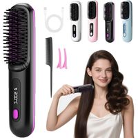Brosse chauffante, Mini brosse chauffante 2025 pour cheveux courts, brosse lissante sans fil avec 3 réglages de température, affichage LED, chargement USB pour le coiffage