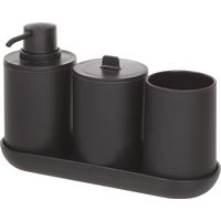 iDesign Cade accessori bagno, Set da 4 in plastica composto da dispenser sapone, portaspazzolini, contenitore cotone e vassoio, nero, 24,5 cm x 8,9 cm x 16,2 cm