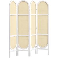 Biombo de madera de cuatro paneles, 170 x 160 cm, plegable y portátil, con diseño tejido a mano, color blanco.