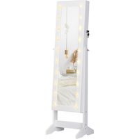Armadio Portagioielli Portagioie Specchio Regolabile 20 Luci LED, Legno, Bianco, 40x37x146 cm