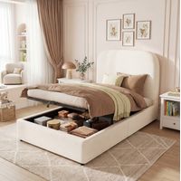 Bett Einzelbett modern aus Bouclé Beige 90x200 cm mit Kopfteil, Lattenrost und hydraulischem Stauraum