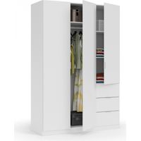 Armoire penderie 3 portes battantes 3 tiroirs – Dimensions 135x52x200 cm – Panneau mélaminé résistant aux chocs – Tringle à vêtements extractible – Fanmuebles