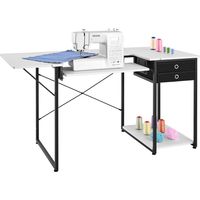 VEVOR Mesa de Costura con Tablero Plegable, Estante Ajustable, Patas de Acero y Cajón, para Ordenador, Estudio de Moda, Estudio de Arte, Institución Educativa, 1395 x 600 x 760 mm, Blanco y Negro