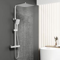 OCEAN colonne de douche thermostatique 38°C, grand pommeau douche carré 30 x 30 cm, douchette 3 jets, hauteur réglable 73-115 cm, laiton & inox pour salle de bain, chrome