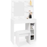 Idmarket – Coiffeuse enfant ZELIA miroir LED 38x48cm – 1 tiroir 76,5x29cm – 2 étagères 21,5x15cm – Caisson rangement 3 étagères