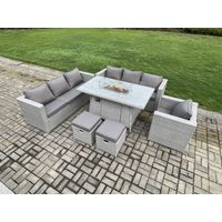Fimous 9-Sitzer Polyrattan Gartenmöbel Set mit 2 Sofa, Gas Feuertisch und Sessel ,2 Kleiner Hocker Outdoor Terrassen Essgruppe Helles Grau