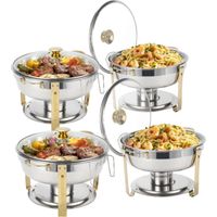 4 Pack Chafing Dish Buffet Gold with Glass Lid 5L Set, Round Food Warmer for Catering Buffet with Lid Holder, Mirror-Polished Rolled-Rim Food-Grade Stainless Steel Chafer for Party