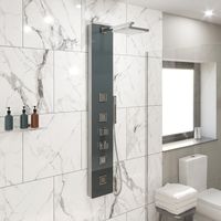 Thermostatic Modern Shower Tower Panel Glass Finish Body Jets Twin Heads Handset