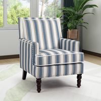 S001, fauteuil d’appoint rembourré, fauteuil vintage en tissu lin rayé bleu et blanc avec passepoil à clous pour le salon