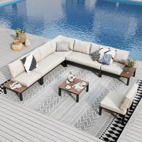 PHI VILLA Garden Furniture Metal Corner Sofa 8 Seaters L shaped Outdoor Conversation Sofa Couch Set Patio Furniture Sets with Thickened Cushions Beige