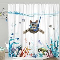 Funny Cat Shower Curtain,Cute Cat Teal Blue Sea OceanShower Curtain Set,Underwater Animal Fabric Shower Curtains 70X70inches
