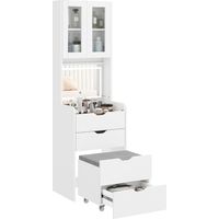 Toeletta Trucco con Specchio Illuminato e Sgabello, Luce Regolabile, Cassetti e Armadietto, Bianco