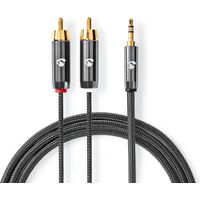 Stereo audiokabel 35 mm stecker 2x rca stecker vergoldet 500 m rund grau mit metall box mit abgedecktem fenster