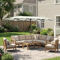 Parasol double 4,6 m crème pour terrasse et jardin, avec manivelle, protection anti-UV 50+ et étui de rangement inclus.