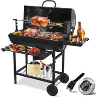 Barbecue Charbon de Bois avec Tournebroche Électrique, Chariot avec Couvercle,Thermomètre, 2 Tablettes Pliantes, Tiroir à Cendres