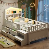Modernluxe – Lit enfant 90x200 cm avec 4 tiroirs – Marches latérales – Éclairage LED – Ports de charge USB et Type-C – Blanc
