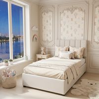 Lit coffre simple 90x190 cm, lit capitonné avec rangement - tête réglable, sommier lattes - Tissu lin, pour ado, Beige