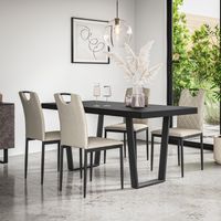 Aria Dining Table And Chairs - Black Table Top w Black Legs + Monza Linen Dining Chair Set Of 6 (Beige)