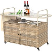 Table bar extérieur rotin, desserte roulettes, bac glace, beige