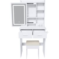 Toeletta bianca con specchio, illuminazione a LED regolabile e presa elettrica 1 sgabello imbottito, 60 x 136 x 36 cm, CJHXE
