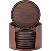 Walnut Wood Coasters (8-Pack) with Leather Stand Table Protector for Drinks, Coffee Home Office