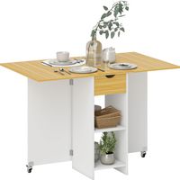Table pliante 2-4 personnes avec 2 rallonges, tiroir et étagères, chêne