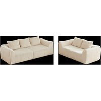 Minimalistisches Sofa aus Cord mit schlanken Linien, einer sanft abfallenden Rückenlehne und fünf Kissen.