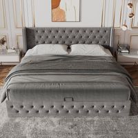 Gepolstertes Doppelbett 140 x 190 cm in Kissenform, Flanellbezug mit doppelter Nietenreihe, hydraulisches Stauraumbett mit schwarzem, wasserabweisendem Vliesboden, Grau