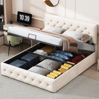 Letto Contenitore 140x200 cm, con Decorazione con Chiodi, Spazio di Rifornimento, Stile Classico, Rete a Doghe in Legno, Struttura in Metallo, Letto Trapuntato in Velluto - Beige