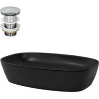 ML-Design Lavabo Rectangular Ovalado 605x385x140 mm Negro de Cerámica Mate Fregadero para Pared o Sobre Encimera con Juego de Desagüe Cromado Lavamanos Moderno Aseo para Baño con Agujero para Grifo